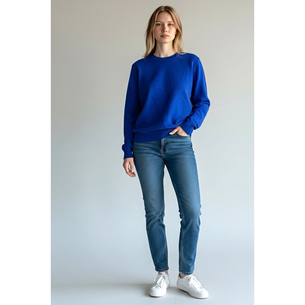 Calvin Klein Womens M Blue Logo Crewneck Tight-Knit Pullover Raglan Sweater